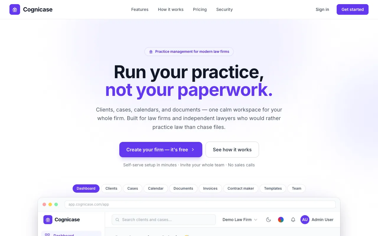 Cognicase landing page — practice management for modern law firms