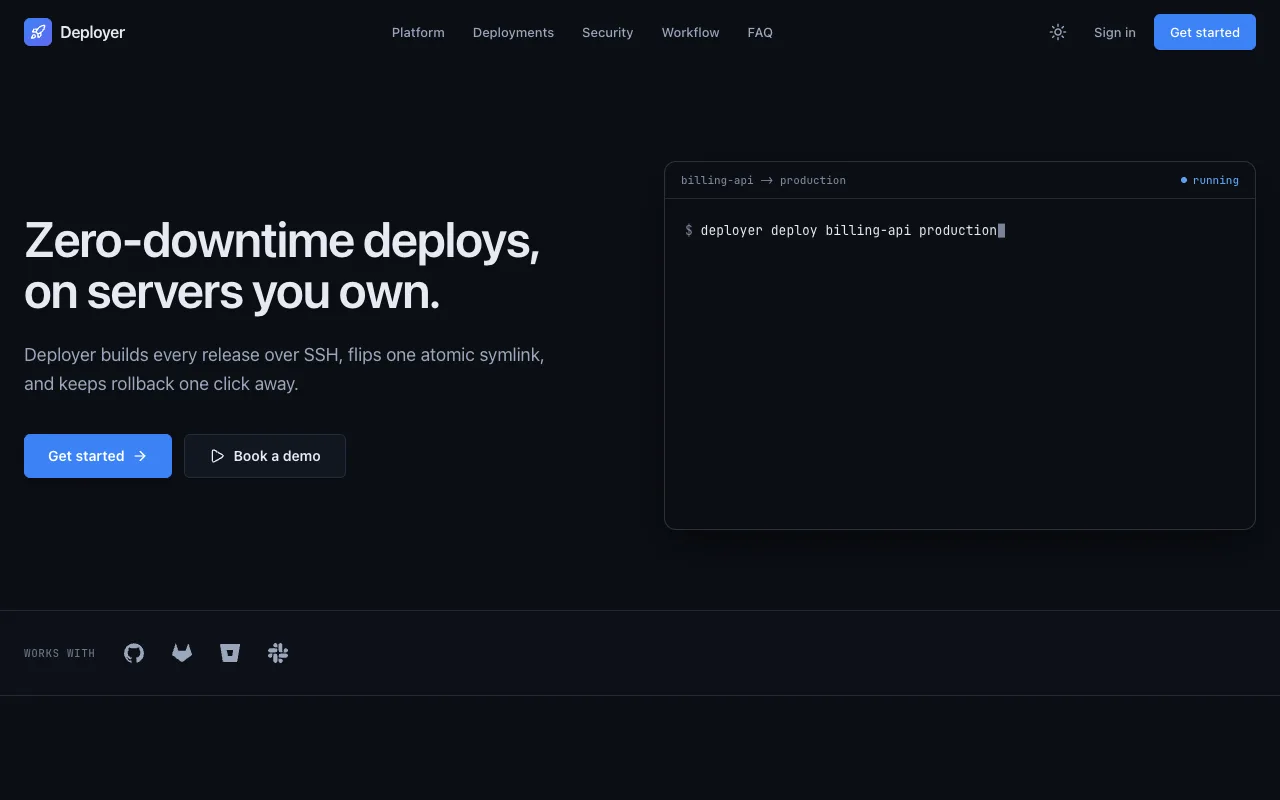 Deployer landing page — zero-downtime deploys on servers you own, with a live deploy terminal