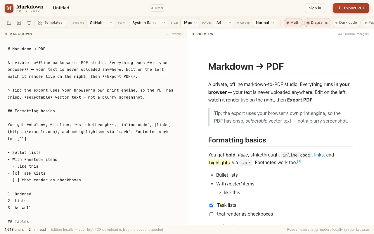 Markdown PDF Studio editor with live preview